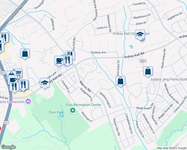 map of restaurants, bars, coffee shops, grocery stores, and more near 16745 Commons Creek Drive in Charlotte