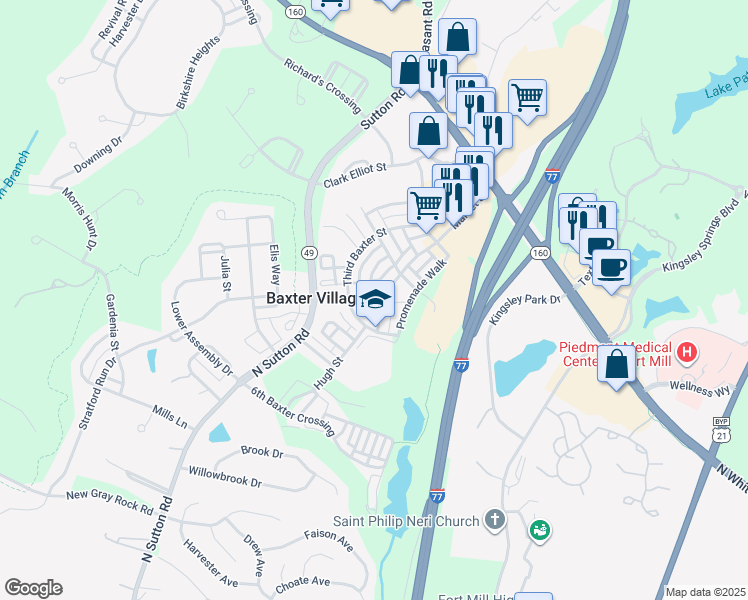 map of restaurants, bars, coffee shops, grocery stores, and more near 516 Fourth Baxter Crossing in Fort Mill
