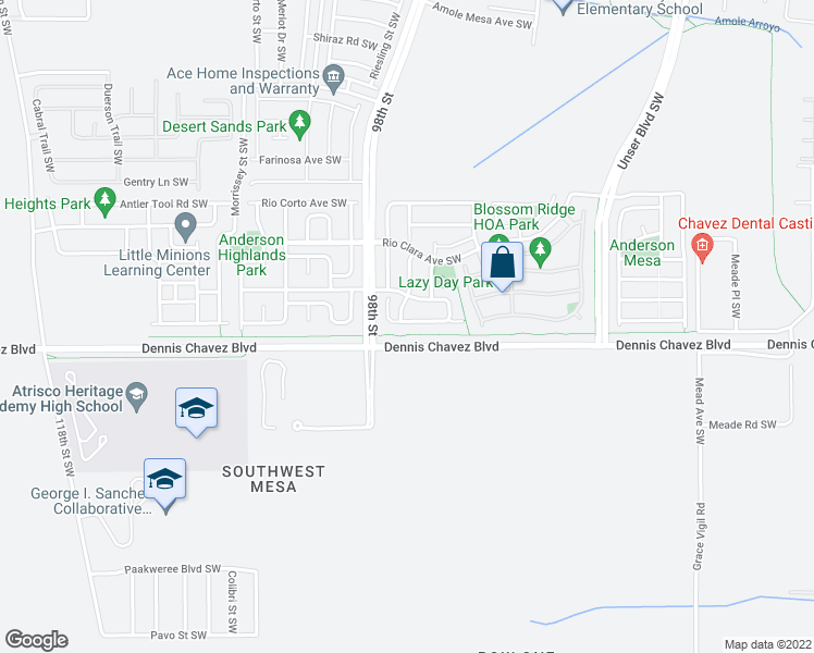 map of restaurants, bars, coffee shops, grocery stores, and more near 9320 Lower Meadow Avenue Southwest in Albuquerque