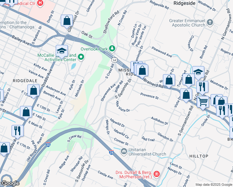 map of restaurants, bars, coffee shops, grocery stores, and more near 200 Ridge Road in Chattanooga