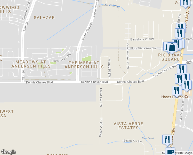 map of restaurants, bars, coffee shops, grocery stores, and more near 8400 Llano Vista Avenue Southwest in Albuquerque