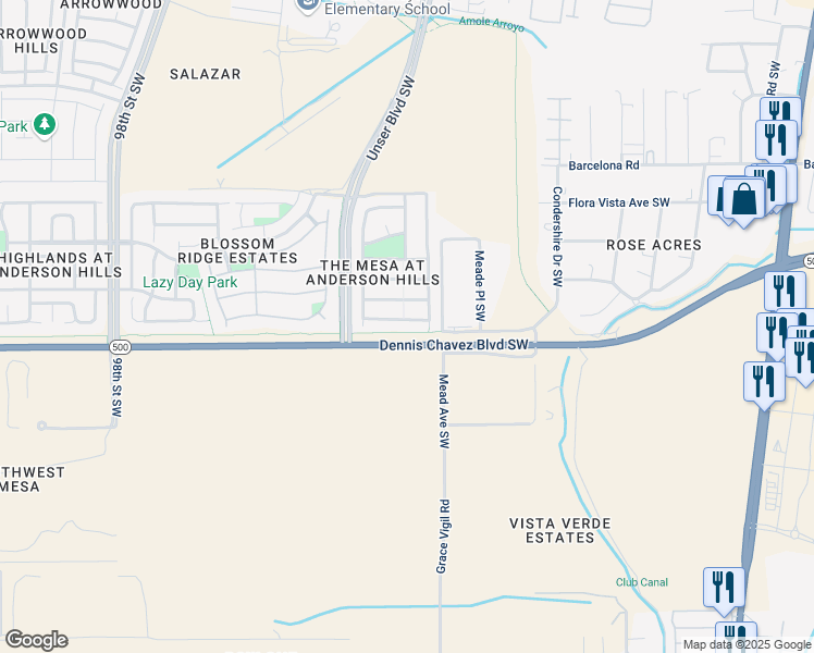 map of restaurants, bars, coffee shops, grocery stores, and more near 8400 Llano Vista Avenue Southwest in Albuquerque