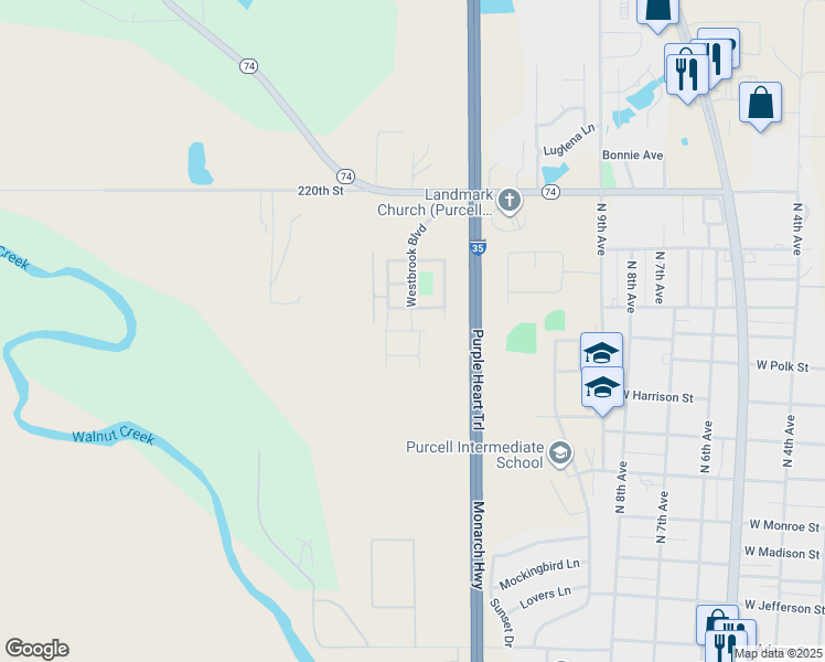 map of restaurants, bars, coffee shops, grocery stores, and more near 1120 Ewing Street in Purcell