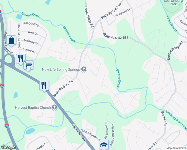 map of restaurants, bars, coffee shops, grocery stores, and more near 198 Eventine Way in Boiling Springs