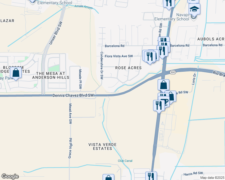 map of restaurants, bars, coffee shops, grocery stores, and more near 4108 C J Court Southwest in Albuquerque