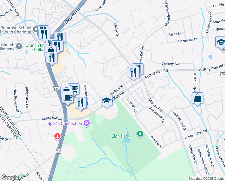 map of restaurants, bars, coffee shops, grocery stores, and more near 11224 Cedar Walk Lane in Charlotte