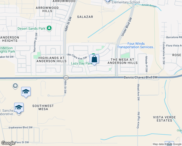 map of restaurants, bars, coffee shops, grocery stores, and more near 9128 Lower Meadow Trail Southwest in Albuquerque