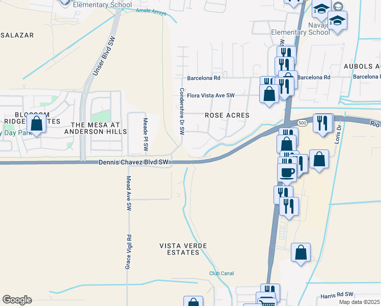 map of restaurants, bars, coffee shops, grocery stores, and more near 4108 C J Court Southwest in Albuquerque