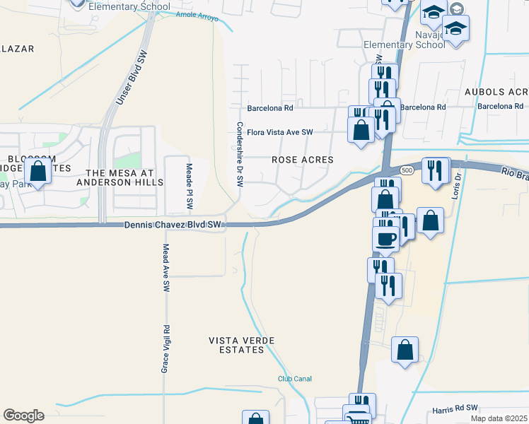 map of restaurants, bars, coffee shops, grocery stores, and more near 4108 C J Court Southwest in Albuquerque