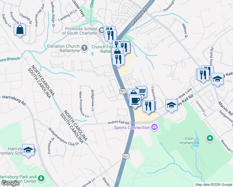 map of restaurants, bars, coffee shops, grocery stores, and more near 11727 Elizabeth Madison Court in Charlotte