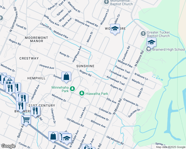 map of restaurants, bars, coffee shops, grocery stores, and more near 4512a Rogers Road in Chattanooga