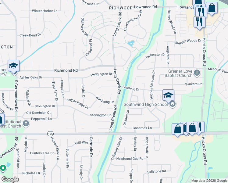 map of restaurants, bars, coffee shops, grocery stores, and more near 4517 Long Creek Road in Memphis