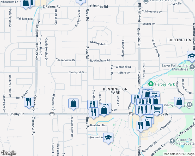 map of restaurants, bars, coffee shops, grocery stores, and more near 6751 Seven Valley Drive in Memphis