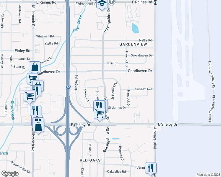 map of restaurants, bars, coffee shops, grocery stores, and more near 4530 Boeingshire Drive in Memphis