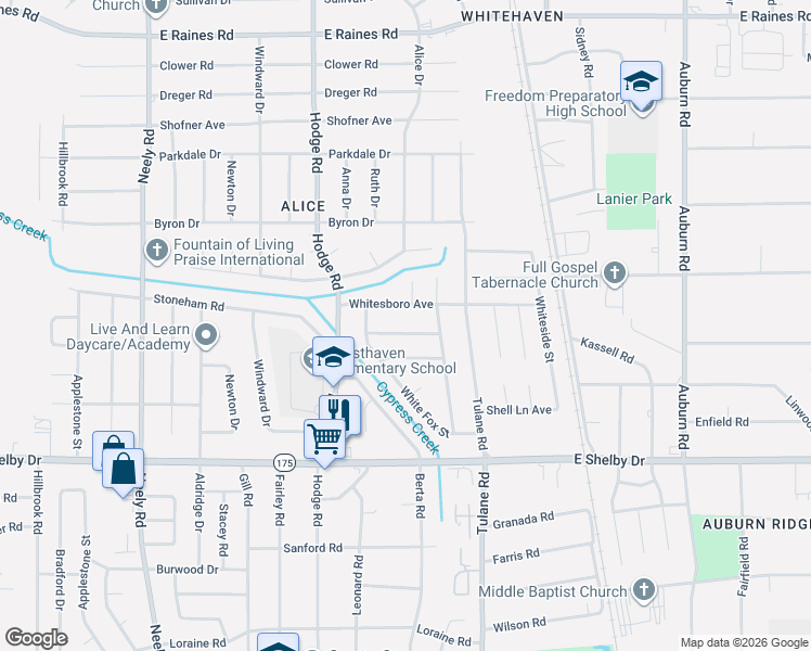 map of restaurants, bars, coffee shops, grocery stores, and more near 529 Whitestone Avenue in Memphis