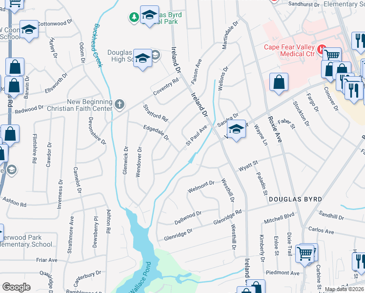 map of restaurants, bars, coffee shops, grocery stores, and more near 4127 Edgedale Drive in Fayetteville