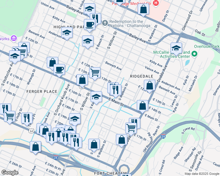 map of restaurants, bars, coffee shops, grocery stores, and more near 2211 East 14th Street in Chattanooga