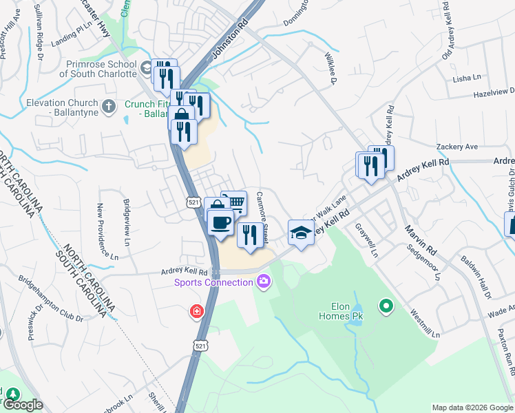 map of restaurants, bars, coffee shops, grocery stores, and more near 15554 Canmore Street in Charlotte
