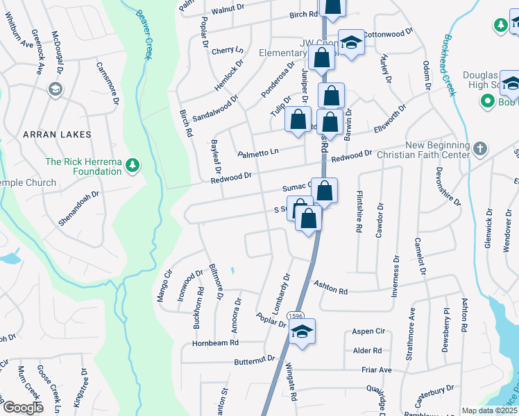 map of restaurants, bars, coffee shops, grocery stores, and more near 5425 South Sumac Circle in Fayetteville