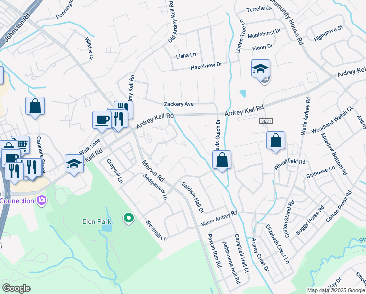 map of restaurants, bars, coffee shops, grocery stores, and more near 10735 Essex Hall Drive in Charlotte