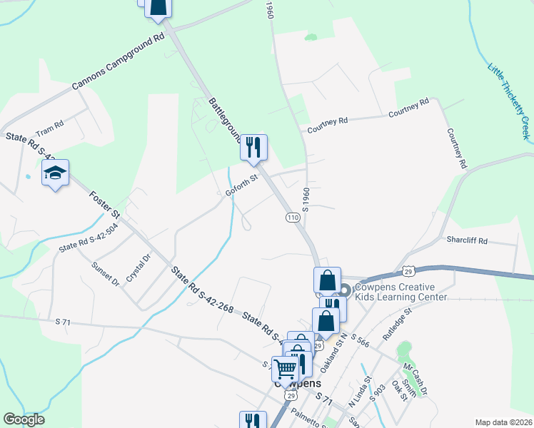 map of restaurants, bars, coffee shops, grocery stores, and more near 187 Battleground Road in Cowpens