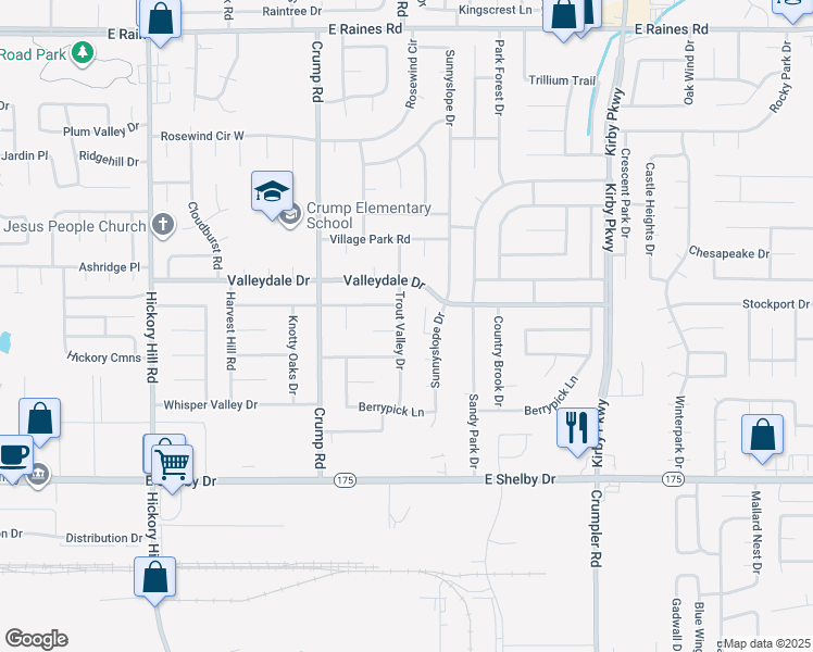 map of restaurants, bars, coffee shops, grocery stores, and more near 4512 Trout Valley Drive in Memphis