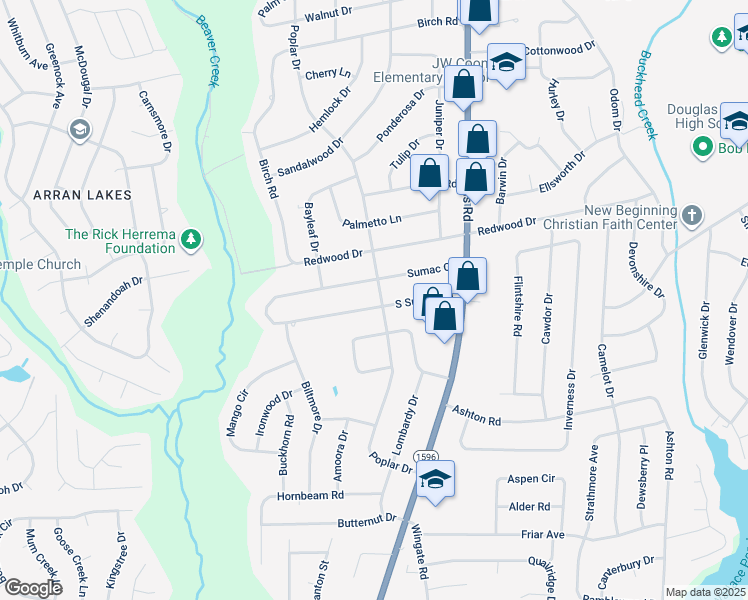 map of restaurants, bars, coffee shops, grocery stores, and more near 5425 South Sumac Circle in Fayetteville