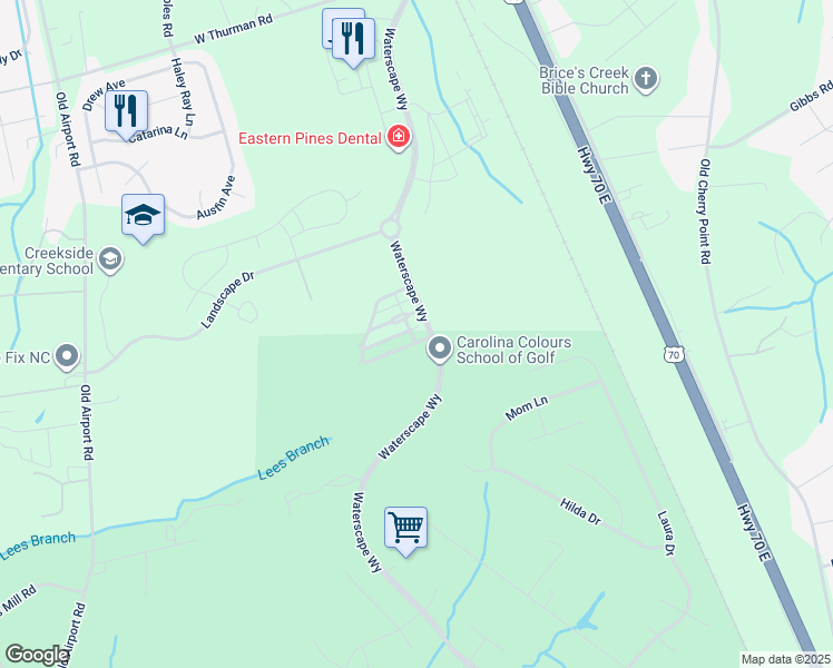 map of restaurants, bars, coffee shops, grocery stores, and more near 3904 Reunion Pointe Lane in New Bern