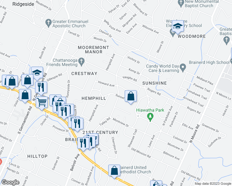 map of restaurants, bars, coffee shops, grocery stores, and more near 401 Talley Road in Chattanooga