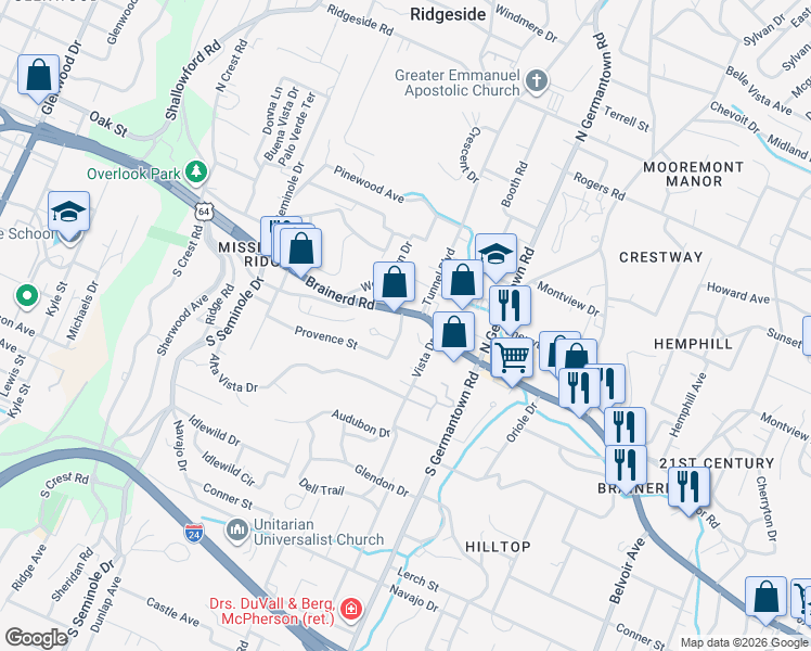 map of restaurants, bars, coffee shops, grocery stores, and more near 16 Bellflower Circle in Chattanooga