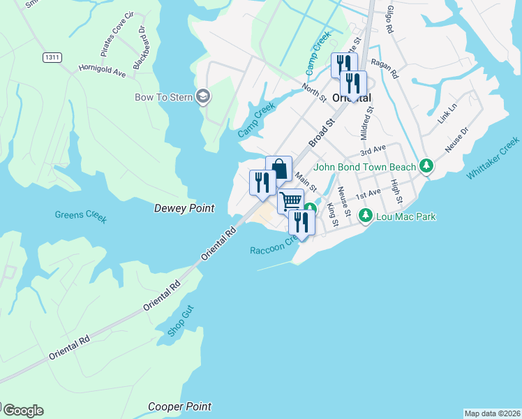 map of restaurants, bars, coffee shops, grocery stores, and more near 506 Water Street in Oriental