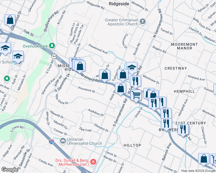 map of restaurants, bars, coffee shops, grocery stores, and more near 12 Bellflower Circle in Chattanooga