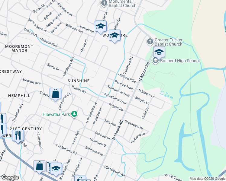 map of restaurants, bars, coffee shops, grocery stores, and more near 4800 Tomahawk Trail in Chattanooga