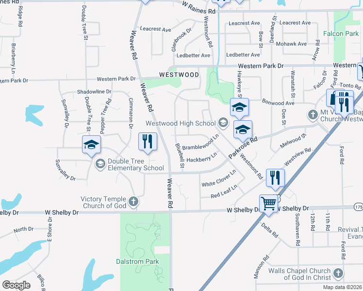 map of restaurants, bars, coffee shops, grocery stores, and more near 4525 Bluebell Street in Memphis