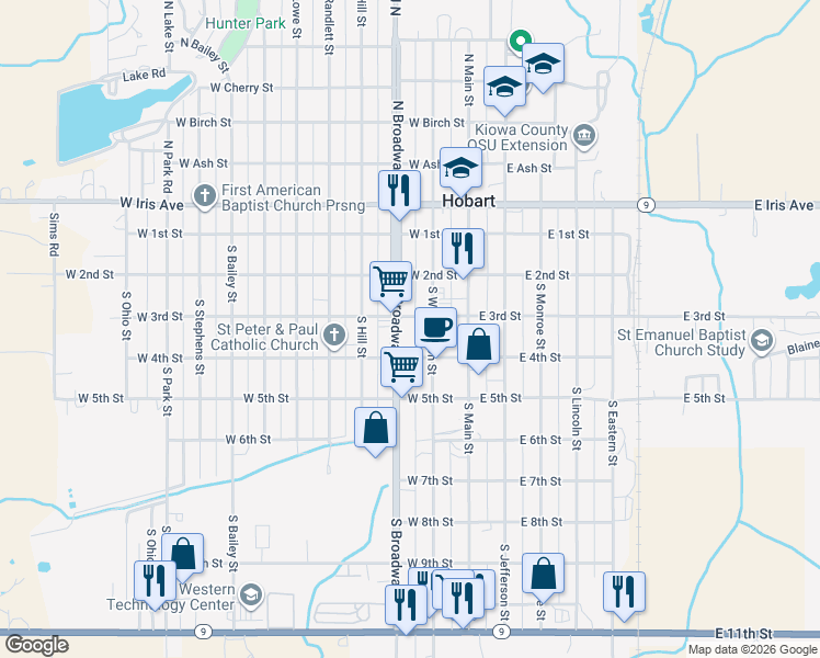 map of restaurants, bars, coffee shops, grocery stores, and more near 399 South Broadway Avenue in Hobart