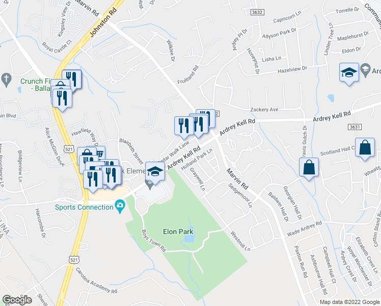 map of restaurants, bars, coffee shops, grocery stores, and more near Ardrey Kell Rd & Longstone Ln in Charlotte