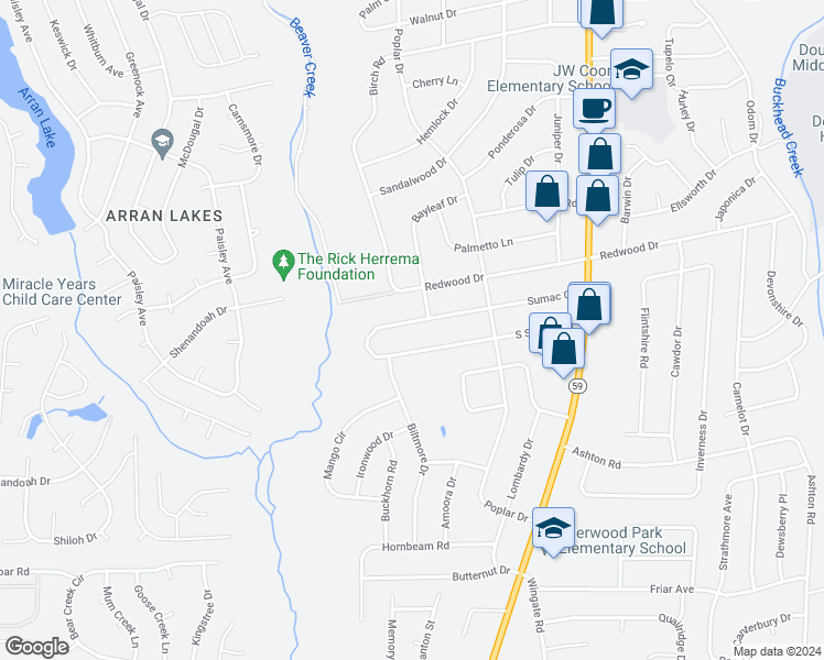 map of restaurants, bars, coffee shops, grocery stores, and more near 5309 North Sumac Circle in Fayetteville