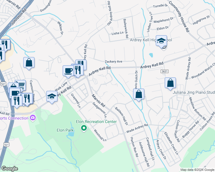 map of restaurants, bars, coffee shops, grocery stores, and more near 17059 Commons Creek Drive in Charlotte