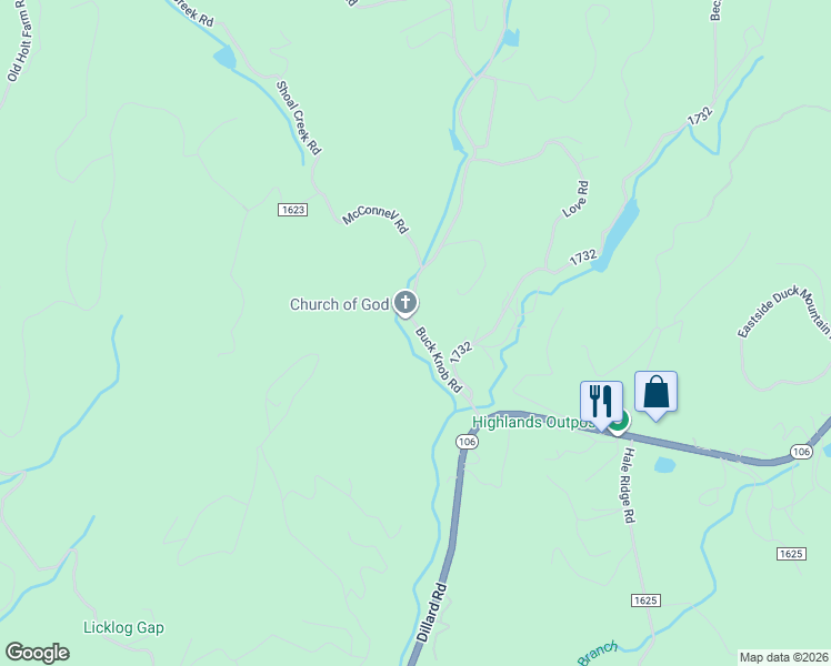 map of restaurants, bars, coffee shops, grocery stores, and more near 218 Buck Knob Road in Scaly Mountain
