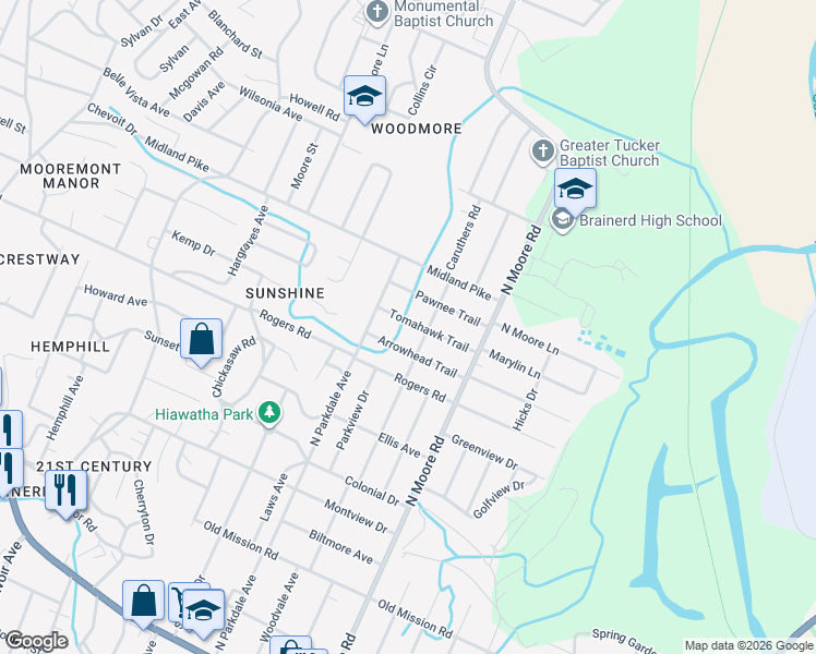 map of restaurants, bars, coffee shops, grocery stores, and more near 4800 Tomahawk Trail in Chattanooga
