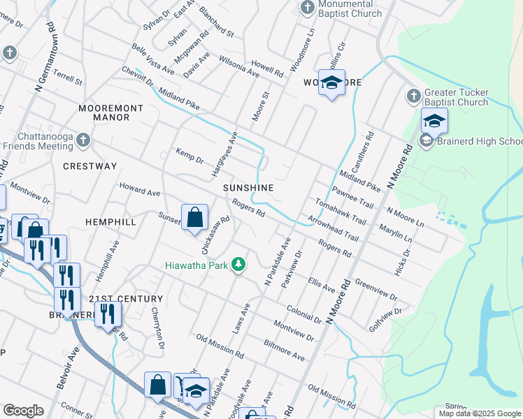 map of restaurants, bars, coffee shops, grocery stores, and more near 4512a Rogers Road in Chattanooga