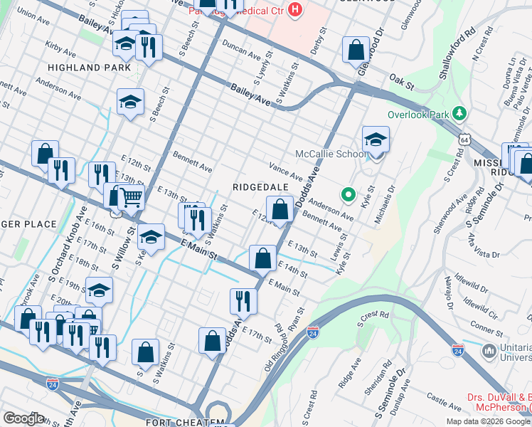 map of restaurants, bars, coffee shops, grocery stores, and more near 2501 East 12th Street in Chattanooga