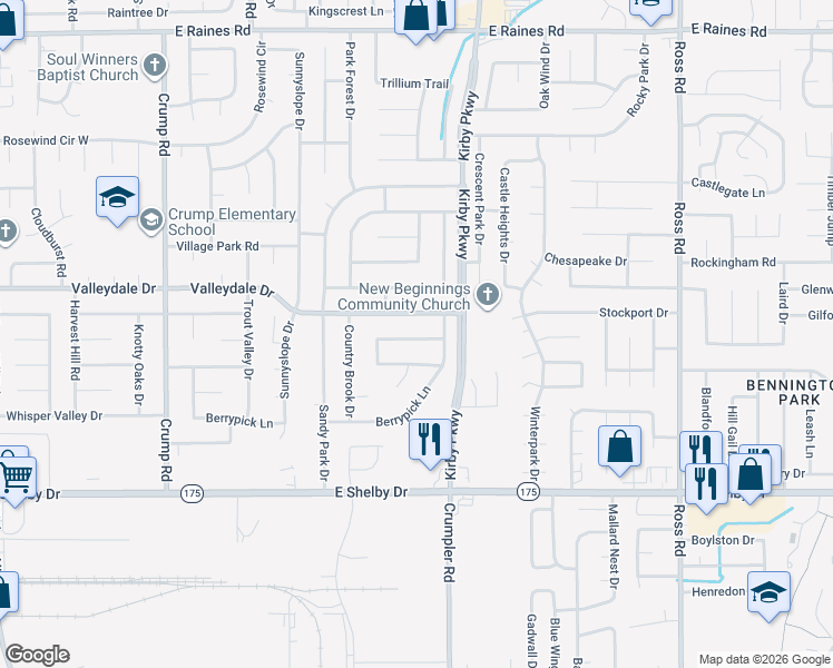 map of restaurants, bars, coffee shops, grocery stores, and more near 6399 North Fawn Hollow Circle in Memphis