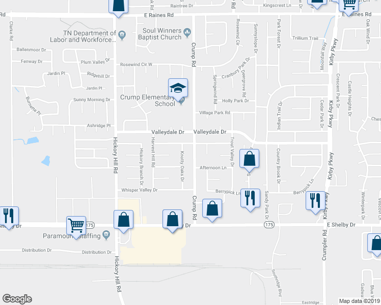 map of restaurants, bars, coffee shops, grocery stores, and more near 4524 Knotty Oaks Drive in Memphis