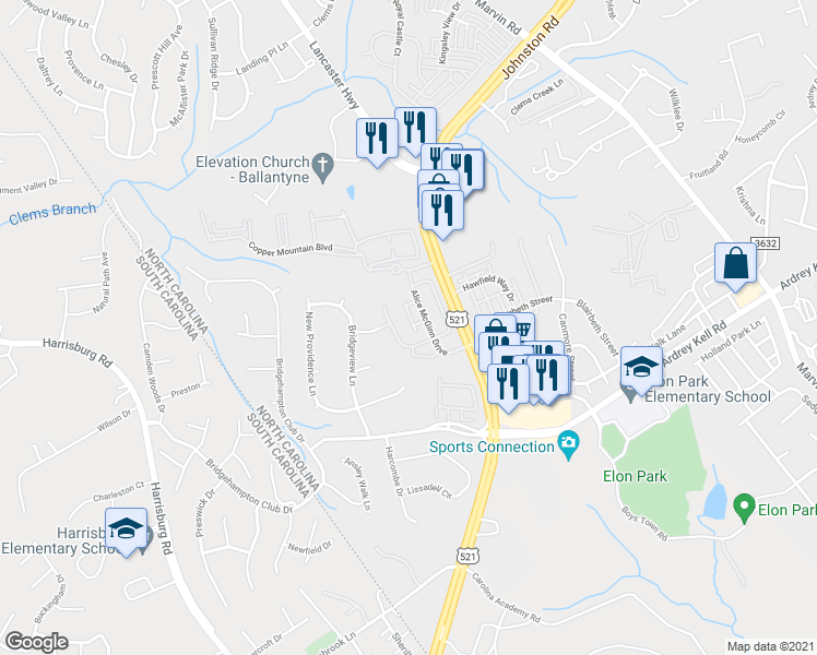 map of restaurants, bars, coffee shops, grocery stores, and more near 16342 Magnolia Woods Lane in Charlotte
