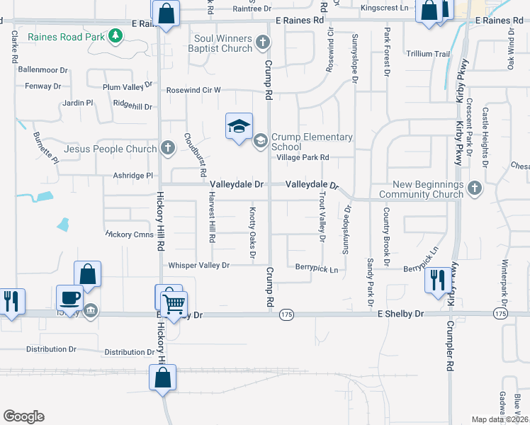 map of restaurants, bars, coffee shops, grocery stores, and more near 4524 Knotty Oaks Drive in Memphis