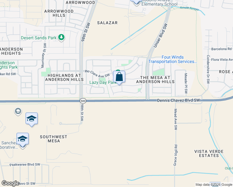 map of restaurants, bars, coffee shops, grocery stores, and more near 9128 Lower Meadow Trail Southwest in Albuquerque