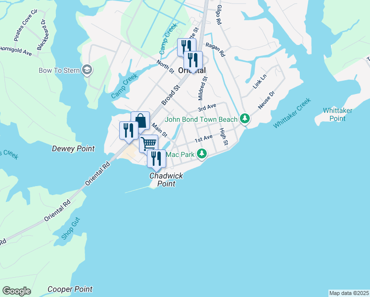 map of restaurants, bars, coffee shops, grocery stores, and more near 209 Neuse Street in Oriental