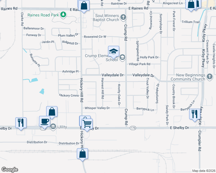 map of restaurants, bars, coffee shops, grocery stores, and more near 6028 Harvest Moon Cove in Memphis