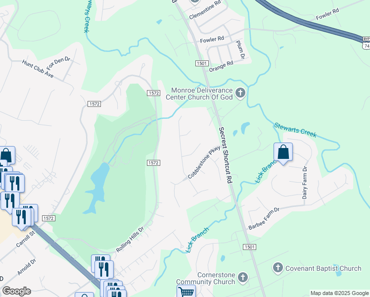 map of restaurants, bars, coffee shops, grocery stores, and more near 3206 Manchester Avenue in Monroe